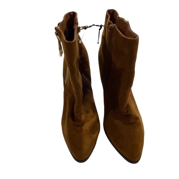Express Women Tan Microsuede Gold Zippers 4” Block Heel Booties Sz 10 Insulated - Picture 1 of 13